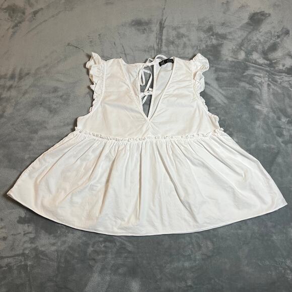 Zara Deep V-Neck Sleeveless Baby Doll Blouse Sz M Ruffle Cotton Cottagecore Boho - Picture 2 of 10